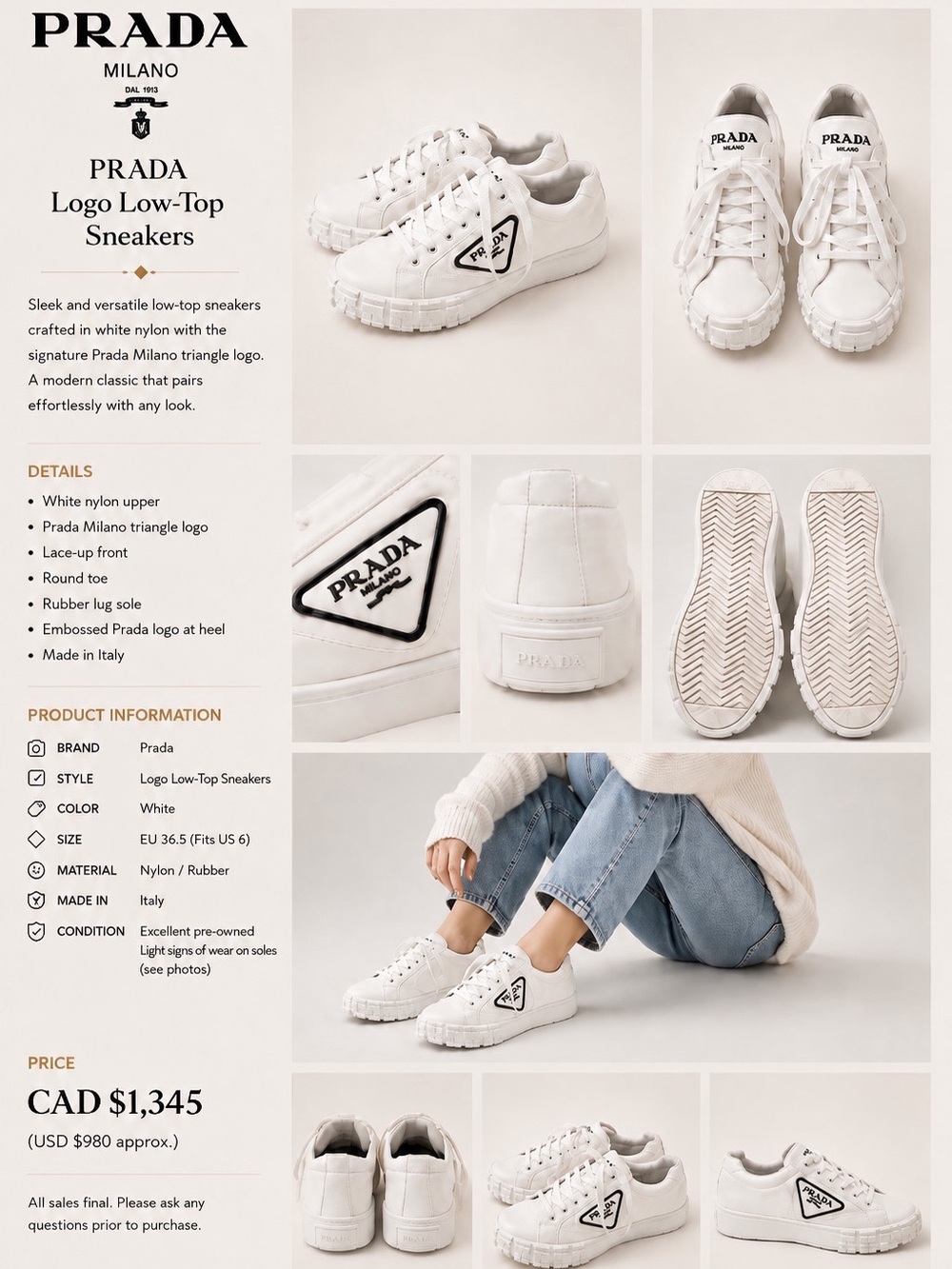 #S156 Prada “White Nylon” Cassetta Low Trainers (Retail $1,345CAD) SOLD OUT!!